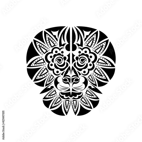 Lion tattoo on a white background. Polynesian style lion face. Vector illustration.