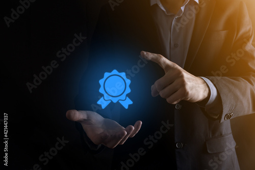 Businessman man holds in hand hourglasses icon. Time expires. A reminder to action. Business concept. Elements for design.