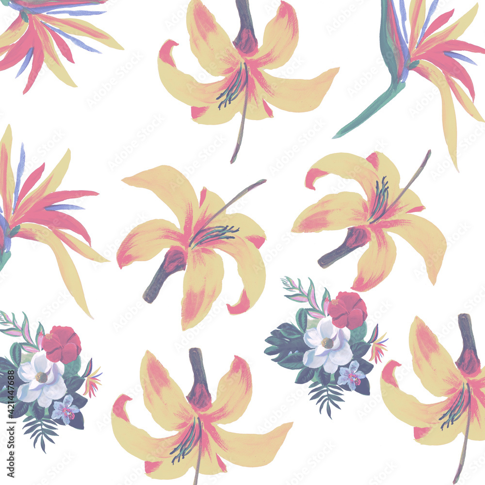 Obraz premium White Pattern Texture. Golden Tropical Texture. Organic Floral Textile. Natural Spring Botanical. Yellow Drawing Painting. Gray Flora Palm. Green Flower Hibiscus.