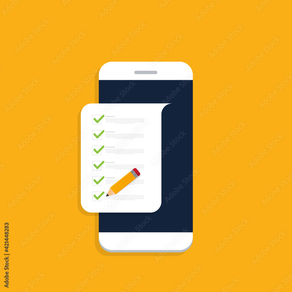 Check list document on smartphone, smartphone with paper check list and to do list with checkboxes, concept of survey, online quiz, completed things or done test, feedback. Check list document on smartphone, smartphone with paper check list and to do list with checkboxes, concept of survey, online quiz, completed things or done test, feedback.