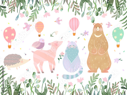 かわいい北欧風草花と動物の白バックイラスト素材