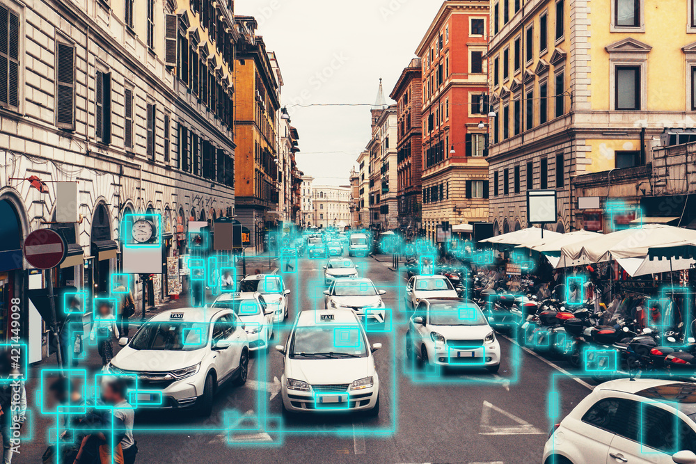 Detection and recognition of cars and faces of people. AI analyze BIG DATA. Artificial intelligence AI concept as technology for safe city in future.