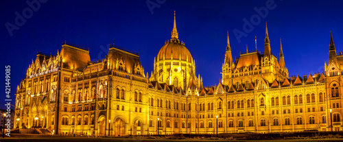 Panorama of the Hungarian Parliament Building at blue hours in the evening
