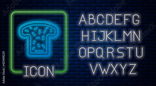 Glowing neon Bread toast for sandwich piece of roasted crouton icon isolated on brick wall background. Lunch, dinner, breakfast snack. Neon light alphabet. Vector