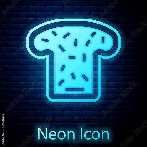Glowing neon Bread toast for sandwich piece of roasted crouton icon isolated on brick wall background. Lunch, dinner, breakfast snack. Vector