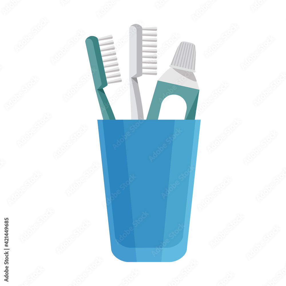 A glass of toothpaste and toothbrushes. Oral hygiene. Healthy lifestyle. Vector illustration isolated on a white background for design and web. A glass of toothpaste and toothbrushes. Oral hygiene. Healthy lifestyle. Vector illustration isolated on a white background for design and web.
