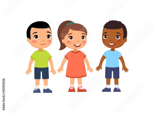 International group of little children. Cute cartoon characters isolated on white background. Flat vector color illustration.