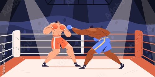 Muscular boxers fighting on boxing ring. Sparring of strong fighters in shorts and gloves on sports arena. Fighter punching his opponent. Colored flat cartoon vector illustration of wrestling