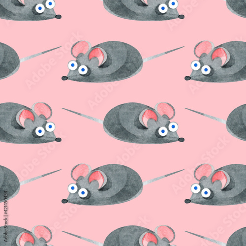 Seamless pattern with a toy mouse. Cute textile gray mouse with blue eyes. A toy for cats. Hand-drawn watercolor illustrations on a pink background. For children's design, textiles nursery, pack.