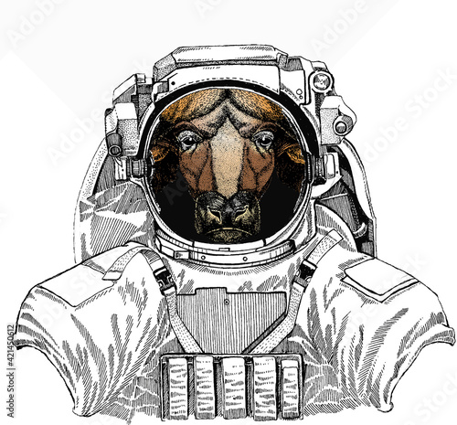 Wild astronaut animal in spacesuit. Deep space. Galaxy. Buffalo Bison mascot head. Animal portrait.