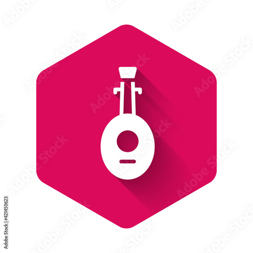 White Musical instrument lute icon isolated with long shadow background. Arabic, Oriental, Greek music instrument. Pink hexagon button. Vector