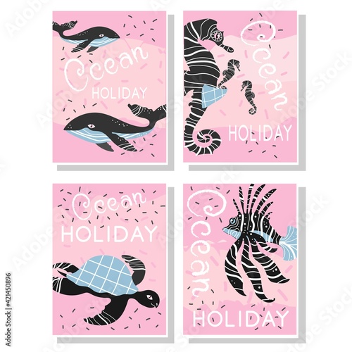 Cards with text "Ocean holiday" and sea animals. Vector illustration. Whale, seahorses, lion fish, turtle. Lettering, pink background. Poster, letter, congratulations.
