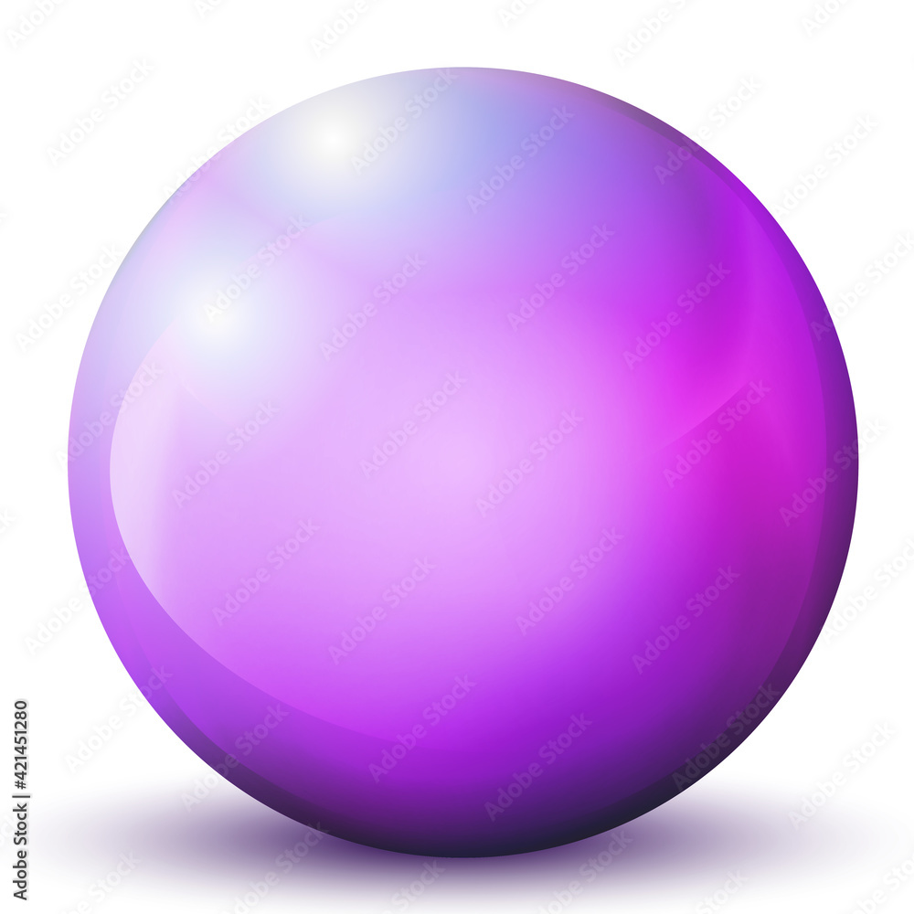 Glass purple ball or precious pearl. Glossy realistic ball, 3D abstract vector illustration highlighted on a white background. Big metal bubble with shadow