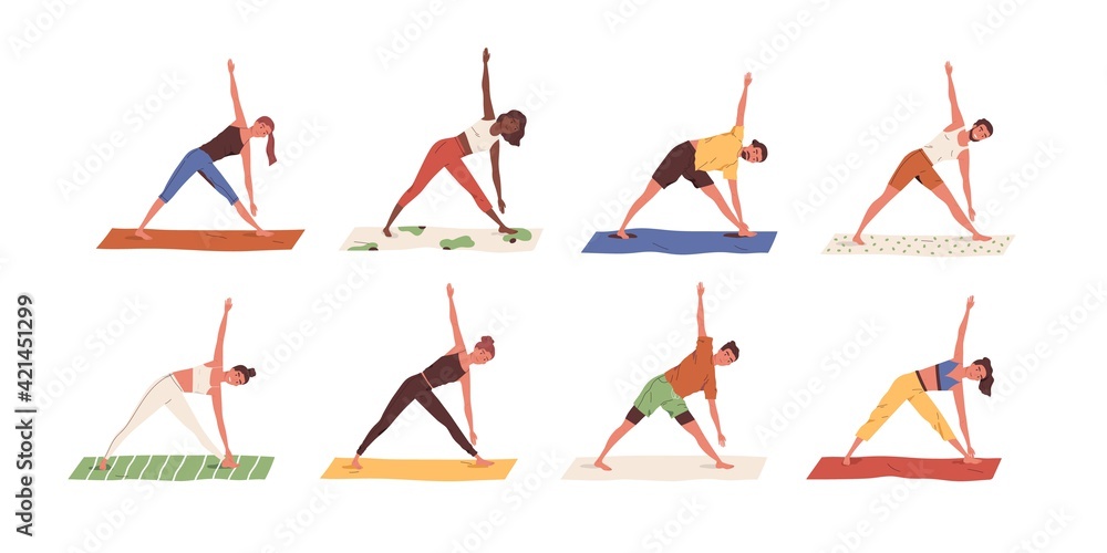 Set of happy people exercising yoga on mats. Men and women standing in ...