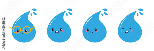 Set, collection of cute and smiling cartoon style water drops characters.
