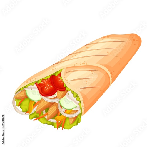 Shawarma or chicken wrap vector icon. Turkish fast food with meat and vegetables in pita bread. Meal on the grill of shawarma illustration.