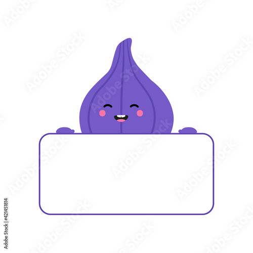 Cute happy cartoon style fig fruit character holding in hands blank card, banner.