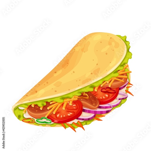 Fototapeta Naklejka Na Ścianę i Meble -  Tacos with meat and vegetable. Traditional mexican fast food. Vector illustration.