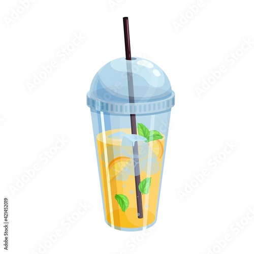 Vector citrus lemonade icon. Refreshing summer citrus drink in plastic cup for design street cafe.