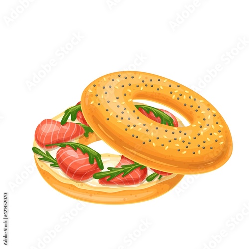 Bagel with cream cheese and smoked salmon. Traditional sandwich with cream cheese and salmon. New York Bagel vector illustration.