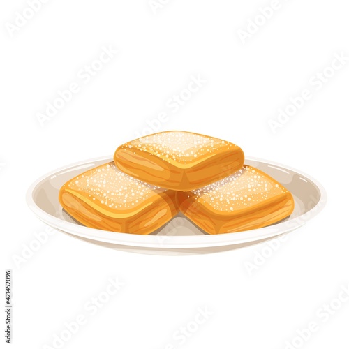 Beignet donuts with powdered sugar. Homemade new orleans traditional donuts on the plate vector illustration.