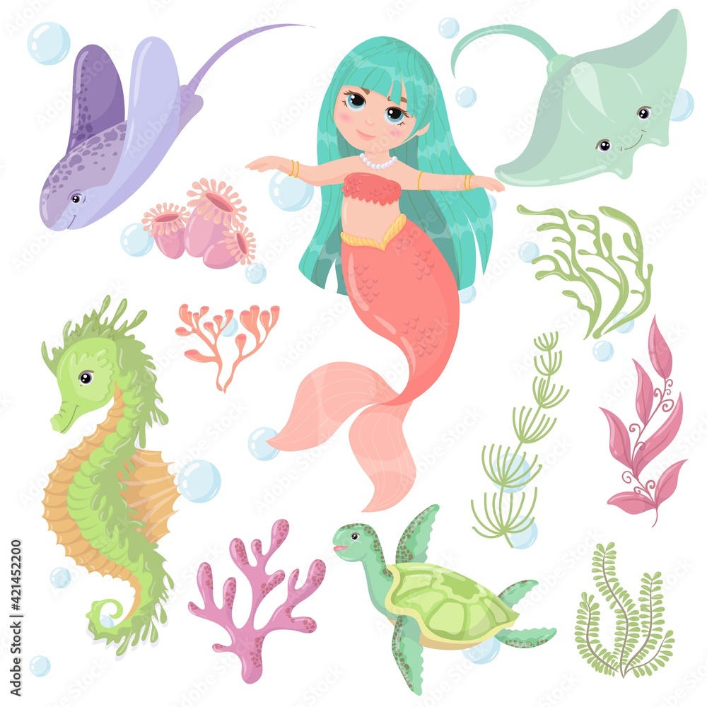 Cute cartoon mermaid with Green Hair and Pink tail. Marine animals and algae. A magical creature. Vector illustration isolated on white background. Cute cartoon mermaid with Green Hair and Pink tail. Marine animals and algae. A magical creature. Vector illustration isolated on white background.