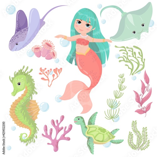 Cute cartoon mermaid with Green Hair and Pink tail. Marine animals and algae. A magical creature. Vector illustration isolated on white background.