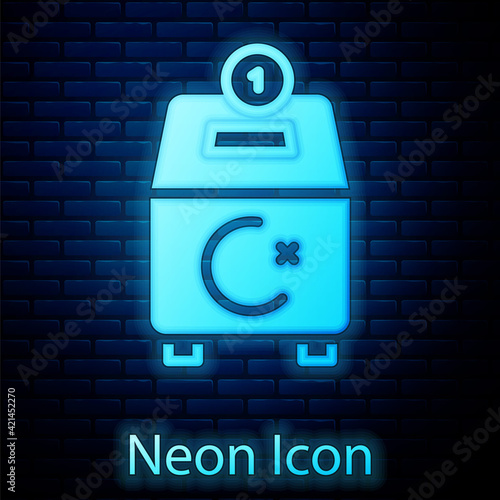 Glowing neon Donate or pay your zakat as muslim obligatory icon isolated on brick wall background. Muslim charity or alms in ramadan kareem before eid al-fir. Vector