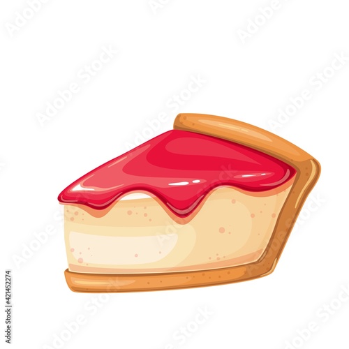 Cheesecake slice vector icon. New York classic cheesecake with jam on top.