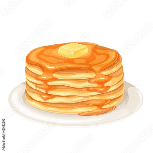Pancakes with maple syrup vector illustration. Baking crepes with butter on plate. Breakfast concept.