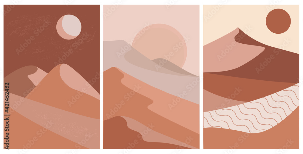 A set of modern abstract illustrations, landscapes. Mountains, dunes, desert, sun, moon in a minimalist style for posters, prints, wallpapers, textiles, invitations. Vector graphics.