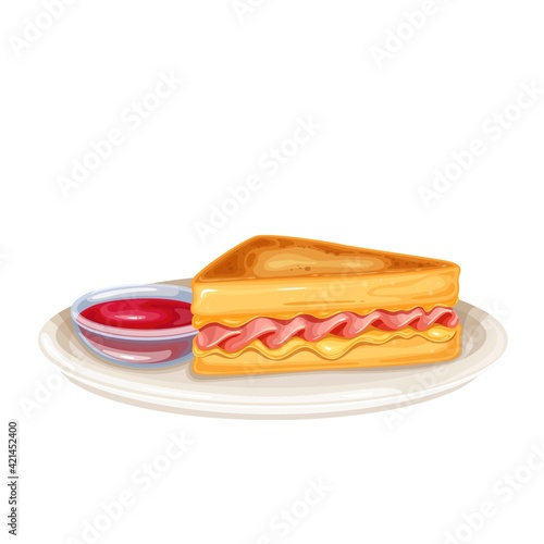 Monte Cristo Sandwich vector icon. Triangular tall sandwich with grilled cheese and ham, fried in egg on a plate with jam.