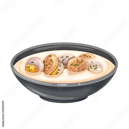 Clam chowder soup bowl vector icon. Traditional American cream soup with clams and broth.