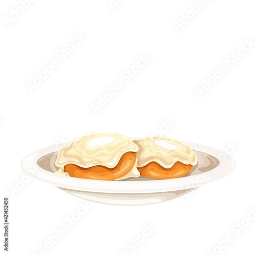 Biscuits and gravy vector icon. American biscuits covered with thick white sausage gravy.