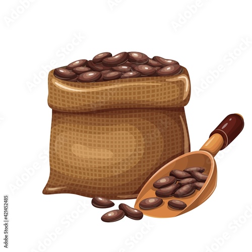 Bag ground cocoa with wooden spoon cartoon vector illustration for chocolate ad design