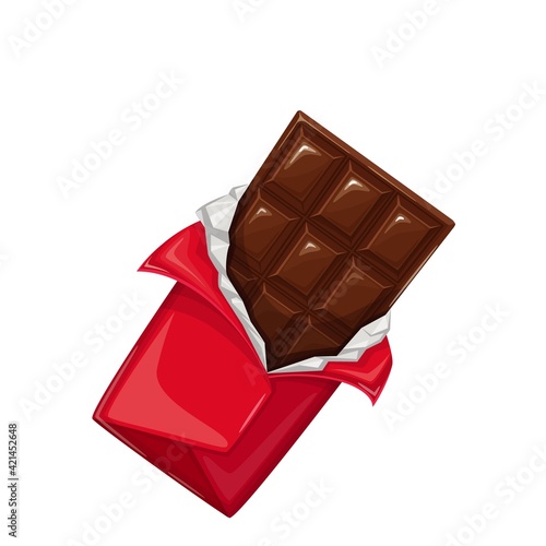 Chocolate bar in the open wrapper vector icon. Chocolate sweets illustration for ad design confectionery shop.