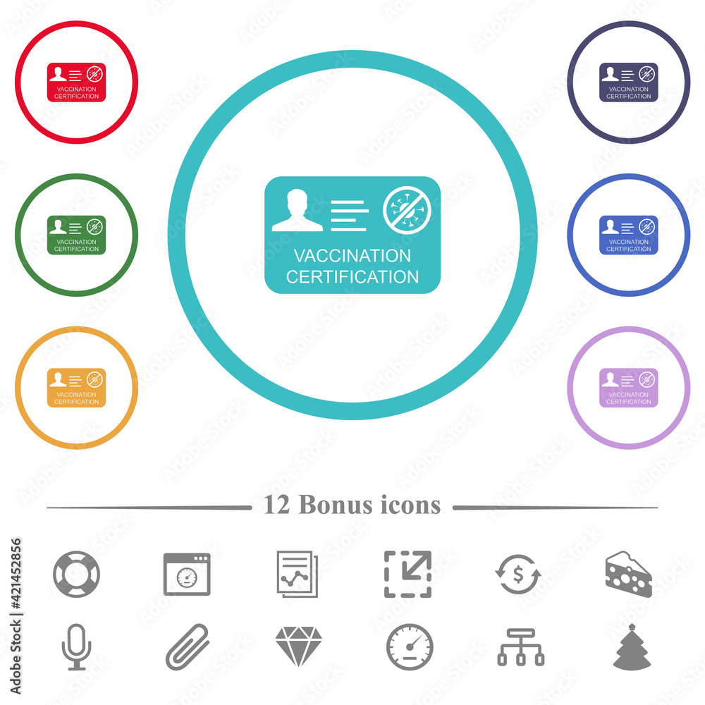 Vaccination certification flat color icons in circle shape outlines Vaccination certification flat color icons in circle shape outlines