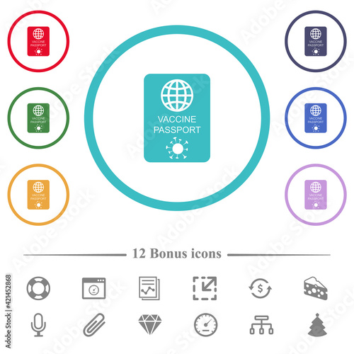 Vaccine passport flat color icons in circle shape outlines