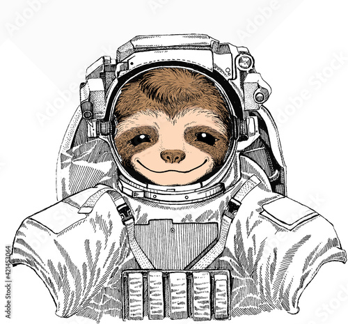 Smiling sloth face, vector portrait of sloth. Wild astronaut animal in spacesuit. Deep space. Galaxy. Animal portrait