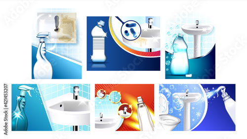 Bathroom Cleaner Advertising Posters Set Vector Illustration