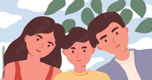 Family selfie portrait of mother, father and child. Dad, mom and son on nature background. Colored flat vector illustration of parents and teenager