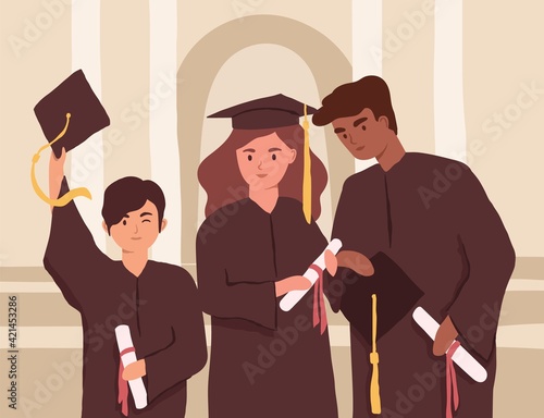 Young graduates holding diplomas during college graduation. Diverse students in caps and gowns. Multiracial university friends. Colored flat vector illustration of people with bachelor's degrees