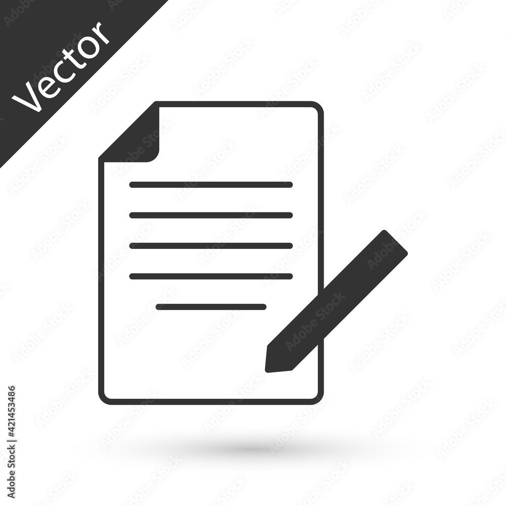 Grey Document and pen icon isolated on white background. File icon. Checklist icon. Business concept. Vector Grey Document and pen icon isolated on white background. File icon. Checklist icon. Business concept. Vector