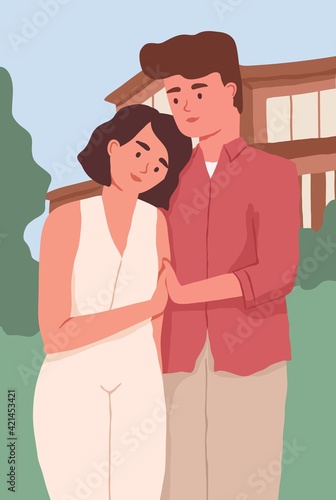 Vertical portrait of love romantic couple of man and woman standing together and hugging. Husband and wife in backyard of their house. Colored flat vector illustration of family