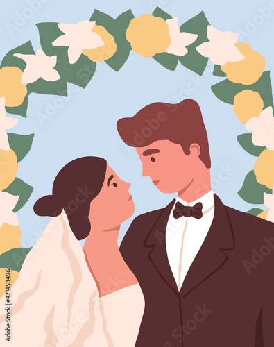 Portrait of newly-married love couple at wedding flower arch. Marriage of man and woman. Bride in bridal vein and dress and bridegroom in suit. Colored flat vector illustration of husband and wife