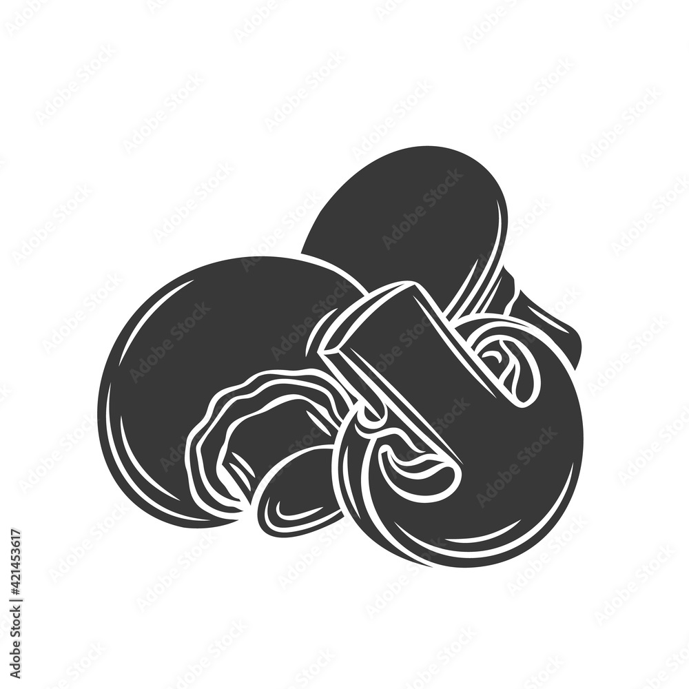 Champignon mushroom and slices glyph icon, vector cut monochrome badge. Tasty vegan ingredient isolated on white. Eco appetizing fungus, design element for food wrapping. Champignon mushroom and slices glyph icon, vector cut monochrome badge. Tasty vegan ingredient isolated on white. Eco appetizing fungus, design element for food wrapping.
