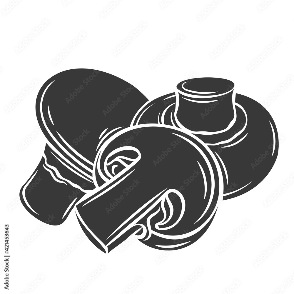 Champignon mushroom and slices glyph icon, vector cut monochrome badge. Tasty vegan ingredient isolated on white. Eco appetizing fungus, design element for food wrapping. Champignon mushroom and slices glyph icon, vector cut monochrome badge. Tasty vegan ingredient isolated on white. Eco appetizing fungus, design element for food wrapping.