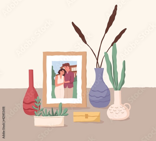 Framed photo of love couple. Family portrait of man and woman. Picture of husband and wife. Colored flat vector illustration of girlfriend and boyfriend memorable photography on desk