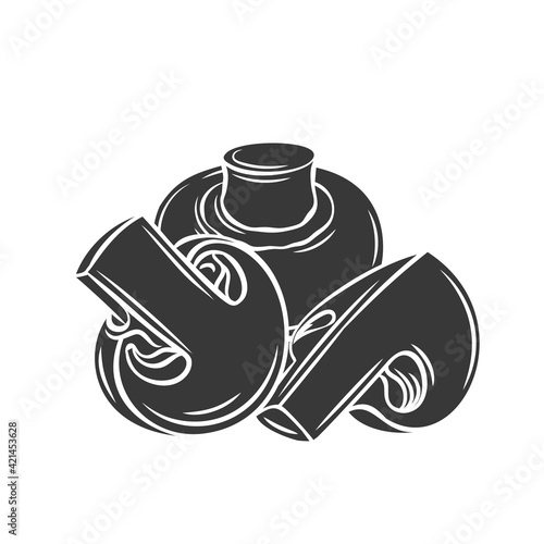 Champignon mushroom and slices glyph icon, vector cut monochrome badge. Tasty vegan ingredient isolated on white. Eco appetizing fungus, design element for food wrapping.