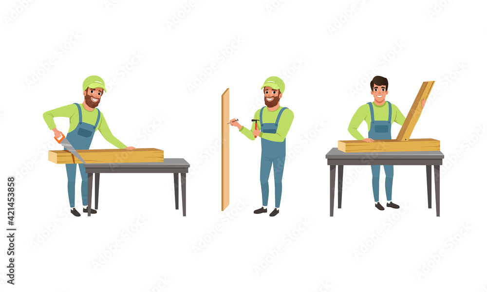 Professional Bearded Man Carpenter in Overall Sawing and Installing Wooden Planks with Nail and Hammer Vector Set Professional Bearded Man Carpenter in Overall Sawing and Installing Wooden Planks with Nail and Hammer Vector Set